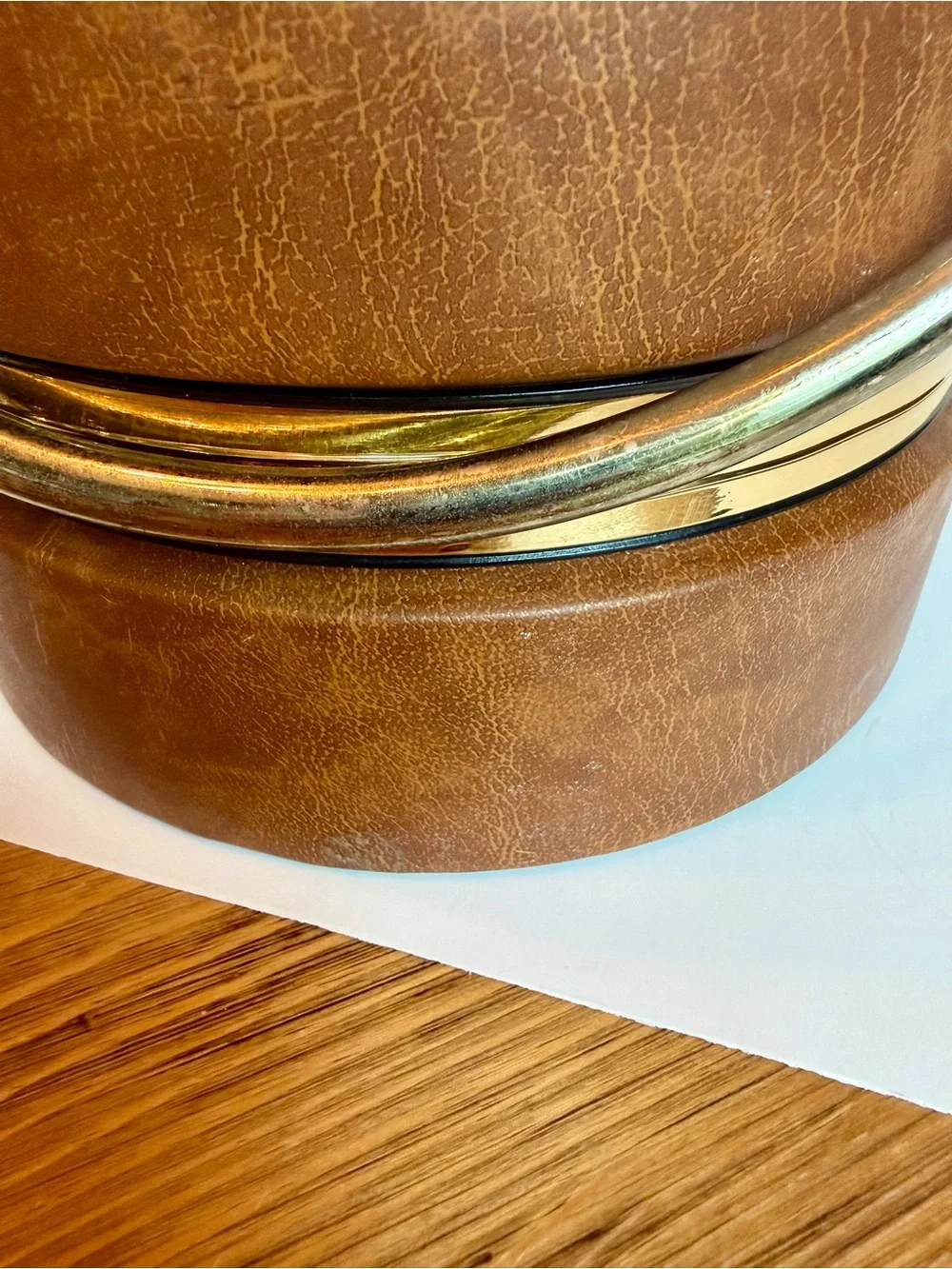 Vintage Faux Leather Ice Bucket Gold Tone Handle Mid Century Barware Brown
